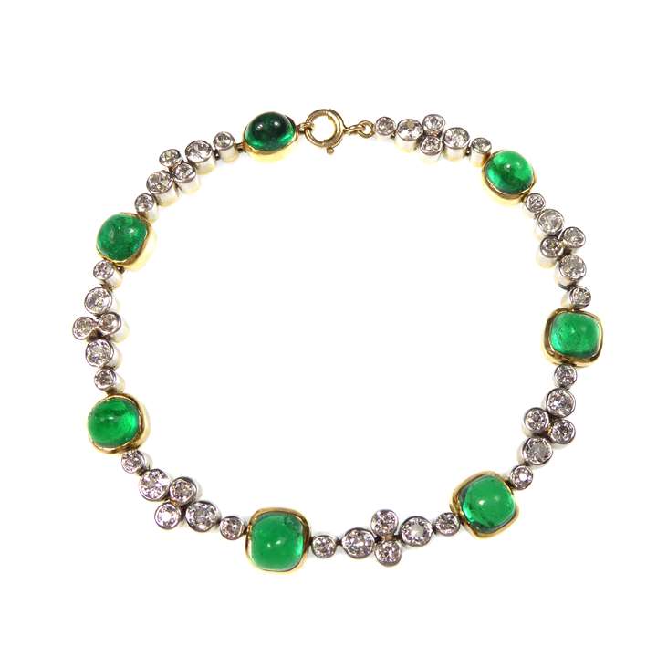 Cabochon emerald and diamond collet bracelet possibly by Marcus & Co.